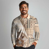 Samoa Siapo Elegant Long Sleeve Polo Shirt Hibiscus Beige Motifs LT05 - Polynesian Pride