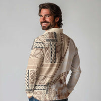 Samoa Siapo Elegant Long Sleeve Polo Shirt Hibiscus Beige Motifs LT05 - Polynesian Pride