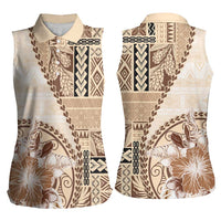 Samoa Siapo Elegant Women Sleeveless Polo Shirt Hibiscus Beige Motifs LT05 - Polynesian Pride
