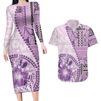 Samoa Siapo Elegant Couples Matching Long Sleeve Bodycon Dress and Hawaiian Shirt Hibiscus Violet Motifs - Polynesian Pride