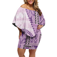 Samoa Siapo Elegant Family Matching Off Shoulder Short Dress and Hawaiian Shirt Hibiscus Violet Motifs - Polynesian Pride