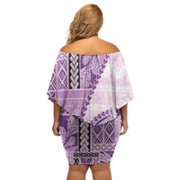 Samoa Siapo Elegant Off Shoulder Short Dress Hibiscus Violet Motifs LT05 - Polynesian Pride