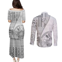 Samoa Siapo Elegant Couples Matching Puletasi and Long Sleeve Button Shirt Hibiscus White Motifs - Polynesian Pride