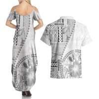 Samoa Siapo Elegant Couples Matching Summer Maxi Dress and Hawaiian Shirt Hibiscus White Motifs LT05 - Polynesian Pride
