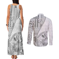 Samoa Siapo Elegant Couples Matching Tank Maxi Dress and Long Sleeve Button Shirt Hibiscus White Motifs - Polynesian Pride