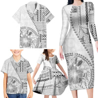 Samoa Siapo Elegant Family Matching Long Sleeve Bodycon Dress and Hawaiian Shirt Hibiscus White Motifs - Polynesian Pride