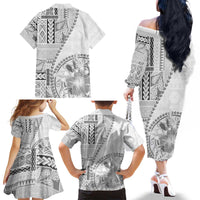 Samoa Siapo Elegant Family Matching Off The Shoulder Long Sleeve Dress and Hawaiian Shirt Hibiscus White Motifs - Polynesian Pride