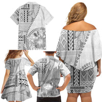 Samoa Siapo Elegant Family Matching Off Shoulder Short Dress and Hawaiian Shirt Hibiscus White Motifs - Polynesian Pride