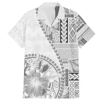 Samoa Siapo Elegant Family Matching Off Shoulder Short Dress and Hawaiian Shirt Hibiscus White Motifs - Polynesian Pride