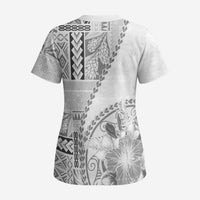 Samoa Siapo Elegant Scrub Top Hibiscus White Motifs - Polynesian Pride
