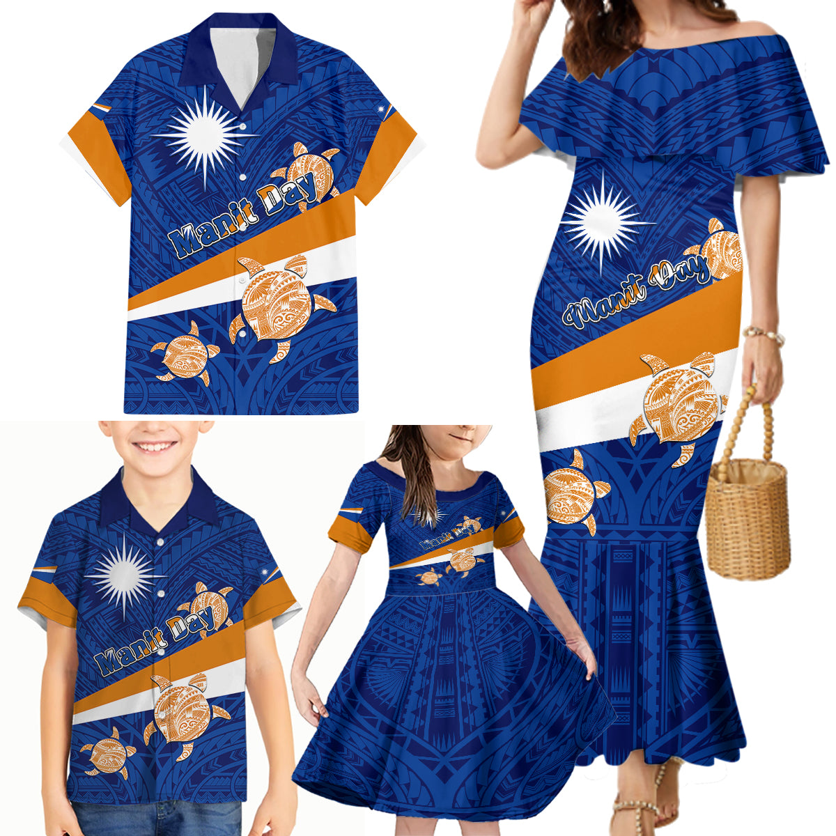 Personalized Marshall Islands Family Matching Mermaid Dress and Hawaiian Shirt Manit Day Coat Of Arms With Polynesian Turtle LT05 - Polynesian Pride