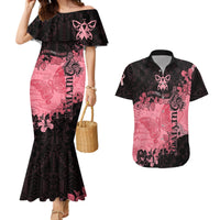 Personalized Breast Cancer Couples Matching Mermaid Dress and Hawaiian Shirt Survivor Polynesian Ribbon Butterfly LT05 Pink - Polynesian Pride