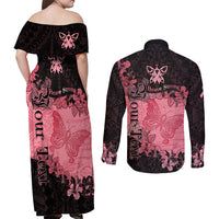Personalized Breast Cancer Couples Matching Off Shoulder Maxi Dress and Long Sleeve Button Shirts Survivor Polynesian Ribbon Butterfly LT05 - Polynesian Pride