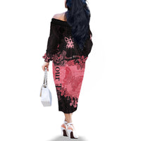 Personalized Breast Cancer Family Matching Off Shoulder Long Sleeve Dress and Hawaiian Shirt Survivor Polynesian Ribbon Butterfly LT05 - Polynesian Pride