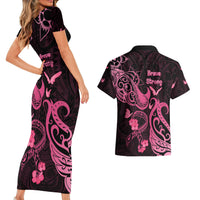 Breast Cancer Awareness Couples Matching Short Sleeve Bodycon Dress and Hawaiian Shirt Ribbon Polynesian Pattern Black Version LT05 - Polynesian Pride