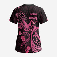 Breast Cancer Awareness Scrub Top Ribbon Polynesian Pattern Black Version - Polynesian Pride