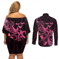 Personalized Breast Cancer Awareness Couples Matching Off Shoulder Short Dress and Long Sleeve Button Shirts Ribbon Polynesian Pattern Black Version LT05 - Polynesian Pride