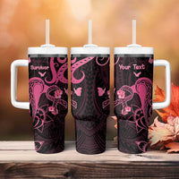 Personalised Breast Cancer Awareness Tumbler With Handle Ribbon Polynesian Pattern Black Version