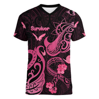 Personalized Breast Cancer Awareness Women V Neck T Shirt Ribbon Polynesian Pattern Black Version LT05 Female Black - Polynesian Pride
