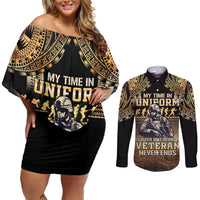 Polynesia Veterans Day Couples Matching Off Shoulder Short Dress and Long Sleeve Button Shirt Thank You Veterans Polynesian Pattern