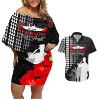 Pearl Harbor Remembrance Day Couples Matching Off Shoulder Short Dress and Hawaiian Shirt USS Arizona In Memory With Polynesian Pattern LT05 Black - Polynesian Pride