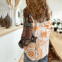 Fiji Women Casual Shirt Masi Tapa Pattern Brown LT05 - Polynesian Pride