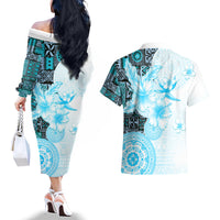 Fiji Couples Matching Off The Shoulder Long Sleeve Dress and Hawaiian Shirt Masi Tapa Pattern Blue LT05 - Polynesian Pride