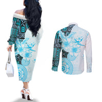 Fiji Couples Matching Off The Shoulder Long Sleeve Dress and Long Sleeve Button Shirt Masi Tapa Pattern Blue LT05 - Polynesian Pride