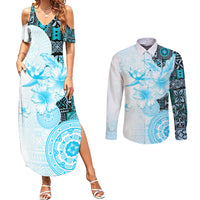 Fiji Couples Matching Summer Maxi Dress and Long Sleeve Button Shirt Masi Tapa Pattern Blue LT05 Blue - Polynesian Pride