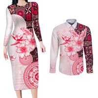 Fiji Couples Matching Long Sleeve Bodycon Dress and Long Sleeve Button Shirt Masi Tapa Pattern Red LT05 Red - Polynesian Pride