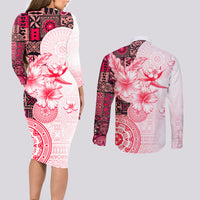 Fiji Couples Matching Long Sleeve Bodycon Dress and Long Sleeve Button Shirt Masi Tapa Pattern Red LT05 - Polynesian Pride