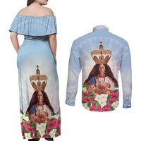 Guam Patroness Couples Matching Off Shoulder Maxi Dress and Long Sleeve Button Shirt The Legend Santa Marian Kamalen