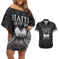 Haiti 1804 Couples Matching Off Shoulder Short Dress and Hawaiian Shirt Polynesian Silver Neg Maron