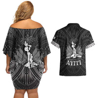 Haiti 1804 Couples Matching Off Shoulder Short Dress and Hawaiian Shirt Polynesian Silver Neg Maron