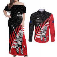Custom New Zealand Canterbury Cricket Couples Matching Off Shoulder Maxi Dress and Long Sleeve Button Shirt With Maori Pattern LT05 Red - Polynesian Pride