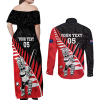 Custom New Zealand Canterbury Cricket Couples Matching Off Shoulder Maxi Dress and Long Sleeve Button Shirt With Maori Pattern LT05 - Polynesian Pride