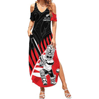 Custom New Zealand Canterbury Cricket Summer Maxi Dress With Maori Pattern LT05 Women Red - Polynesian Pride