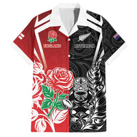 New Zealand And England Rugby Custom Family Matching Long Sleeve Bodycon Dress and Hawaiian Shirt Maori Tiki With Red Rose Together