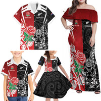 New Zealand And England Rugby Custom Family Matching Off Shoulder Maxi Dress and Hawaiian Shirt Maori Tiki With Red Rose Together