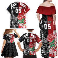 New Zealand And England Rugby Custom Family Matching Off Shoulder Maxi Dress and Hawaiian Shirt Maori Tiki With Red Rose Together