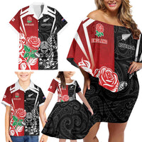 New Zealand And England Rugby Custom Family Matching Off Shoulder Short Dress and Hawaiian Shirt Maori Tiki With Red Rose Together