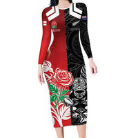 New Zealand And England Rugby Custom Long Sleeve Bodycon Dress Maori Tiki With Red Rose Together