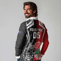 New Zealand And England Rugby Custom Long Sleeve Polo Shirt Maori Tiki With Red Rose Together