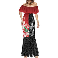 New Zealand And England Rugby Custom Mermaid Dress Maori Tiki With Red Rose Together