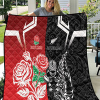 New Zealand And England Rugby Quilt Maori Tiki With Red Rose Together