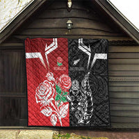 New Zealand And England Rugby Quilt Maori Tiki With Red Rose Together