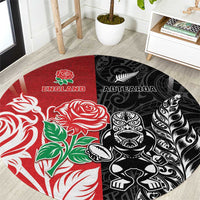 New Zealand And England Rugby Round Carpet Maori Tiki With Red Rose Together