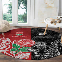 New Zealand And England Rugby Round Carpet Maori Tiki With Red Rose Together