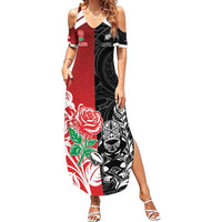 New Zealand And England Rugby Custom Summer Maxi Dress Maori Tiki With Red Rose Together
