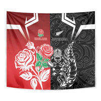 New Zealand And England Rugby Tapestry Maori Tiki With Red Rose Together